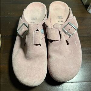 Pink Suede Buckle Clogs
